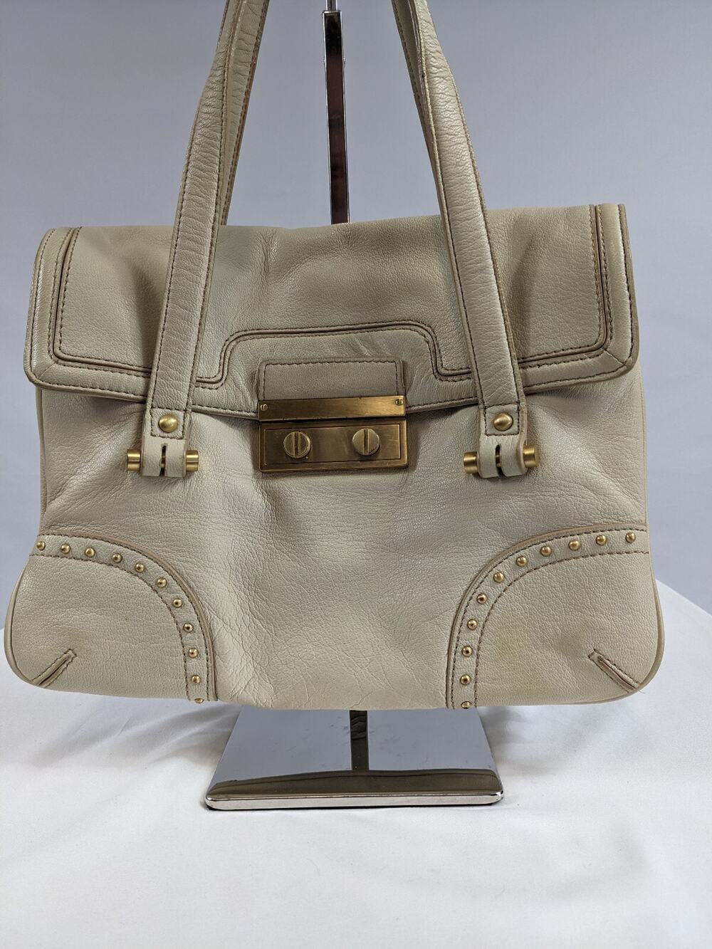 Talbots Leather Handbag Purse Ivory Cream Gold Hardware Studded Divided Sections